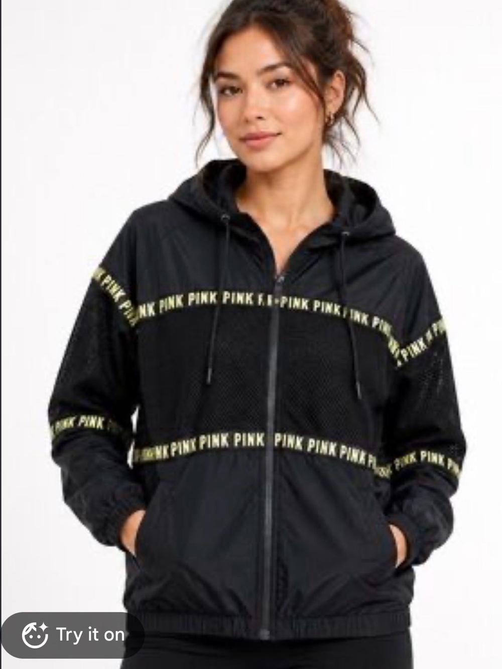 PINK Victoria's Secret Black Hooded Bomber Jacket with Yellow Logo Tape